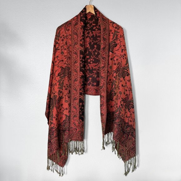 Accessories - Floral Paisley Silk Pashmina Shawl Reversible Scarf Red Black Boho Maximalism